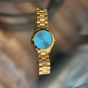 Michael Kors Slim Runway Gold Tone Watch with Blue Watch Face